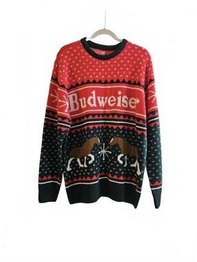 Budweiser Clydesdale Festive Ugly Christmas Sweater Red & Black Acrylic Knit XL